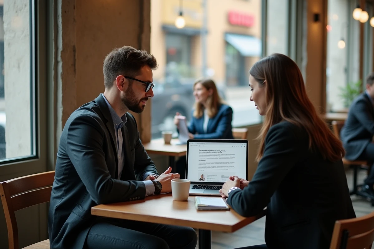 Deux co-fondateurs discutant d'un prototype MVP sur un ordinateur portable dans un café urbain