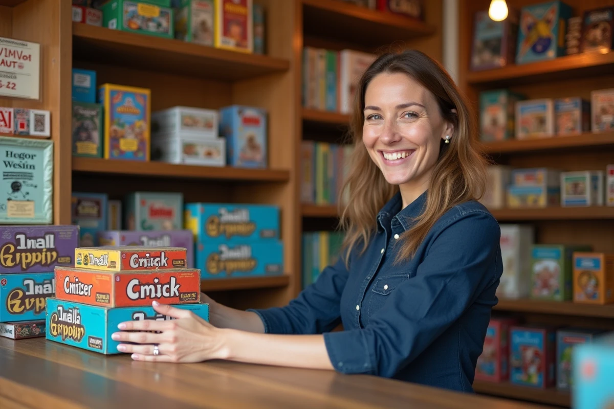Commerçante arrangeant des jeux de société dans une boutique de proximité chaleureuse aux étagères en bois