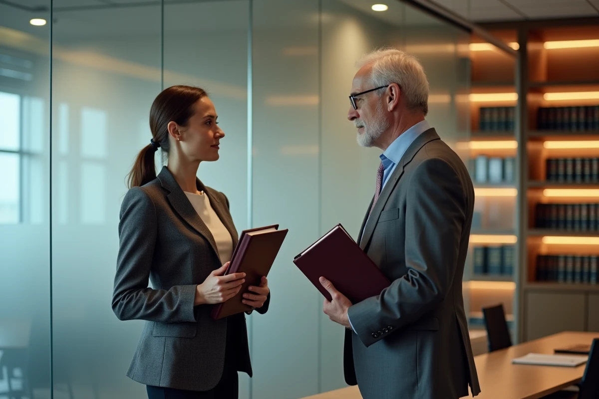 Deux dirigeants d'entreprise discutant de documents juridiques dans un bureau, représentant les différences entre président du directoire et directeur général