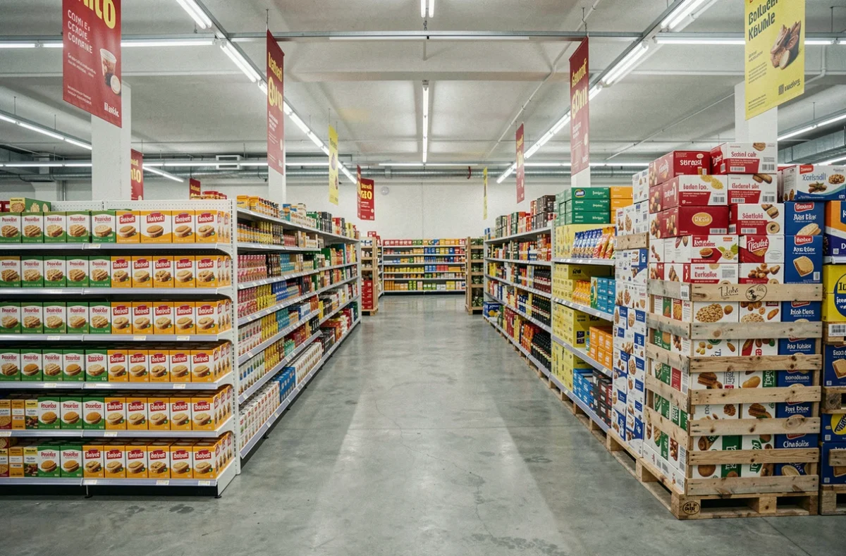 Vue intérieure d'un supermarché discount comparant les rayons hard discount classiques et les zones de déstockage alimentaire