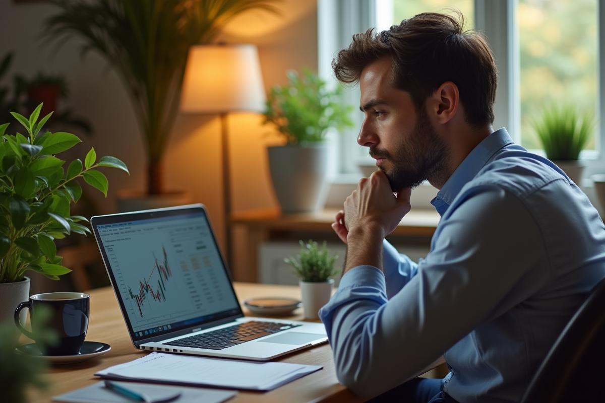 Un comptable penseur travaille à domicile avec un ordinateur portable