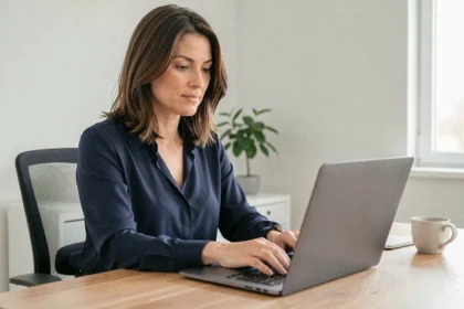 Femme consultant son compte bancaire BNP Paribas Alis sur ordinateur portable dans un bureau à domicile