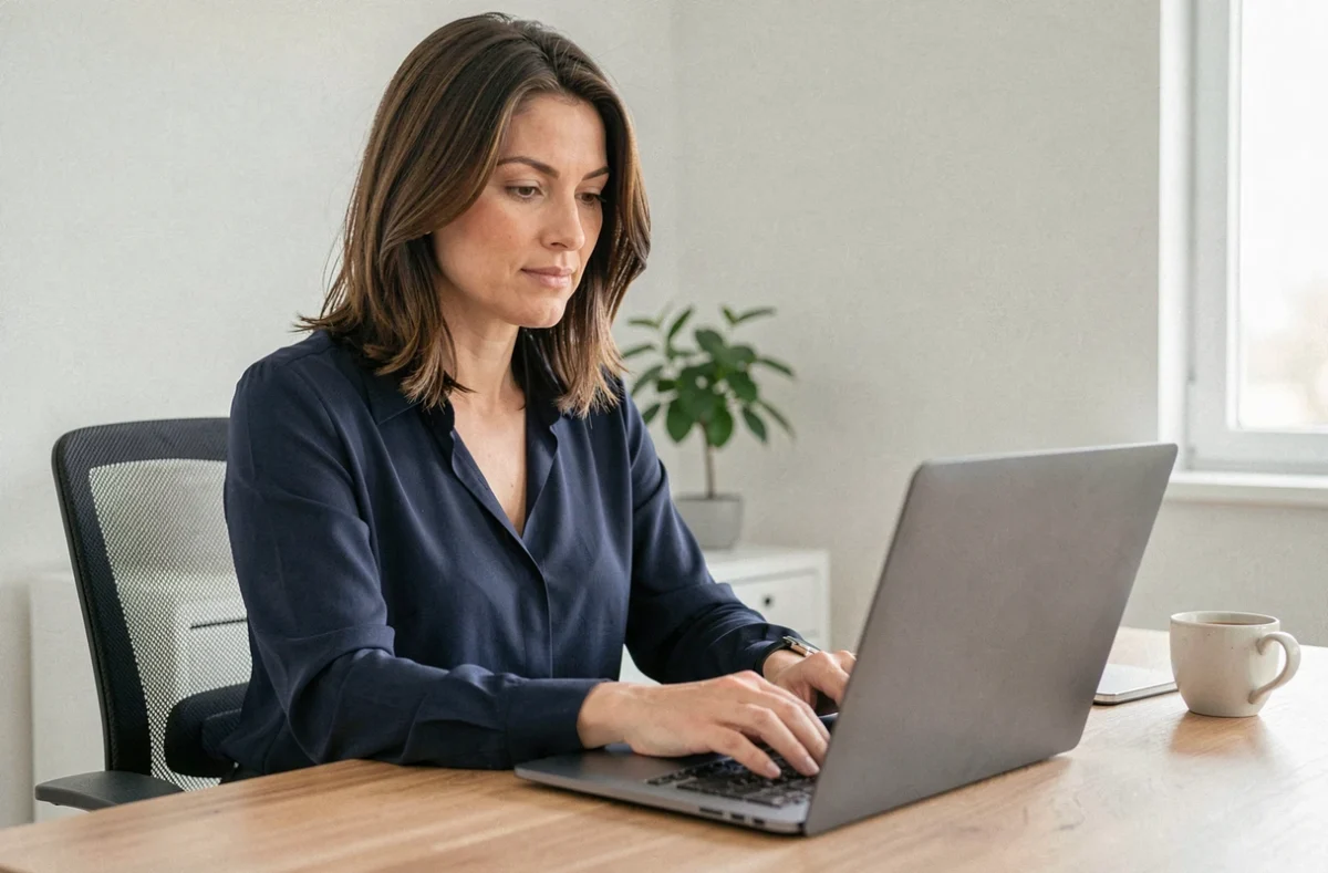Femme consultant son compte bancaire BNP Paribas Alis sur ordinateur portable dans un bureau à domicile