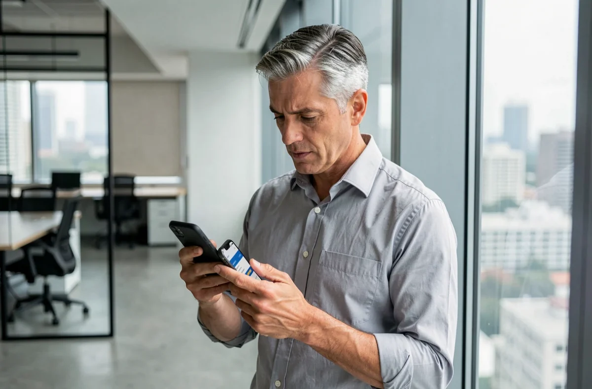 Homme d'affaires accédant à son espace client Alis BNP Paribas sur smartphone dans un open space moderne