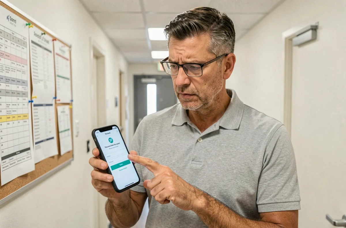 Homme consultant son téléphone pour réinitialiser son mot de passe sur l'application RH4You Auchan