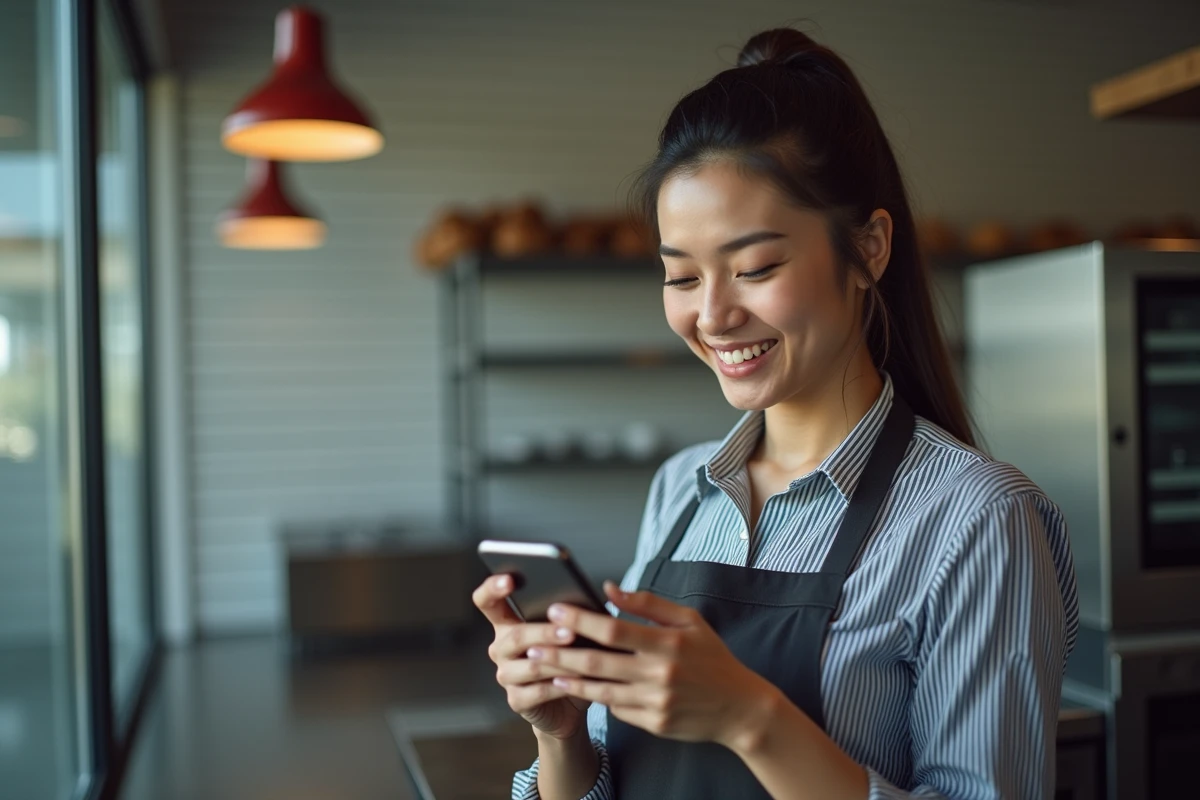 Jeune employ&eacute;e de boulangerie consultant l'intranet Marie Blach&egrave;re sur son smartphone en zone de pr&eacute;paration