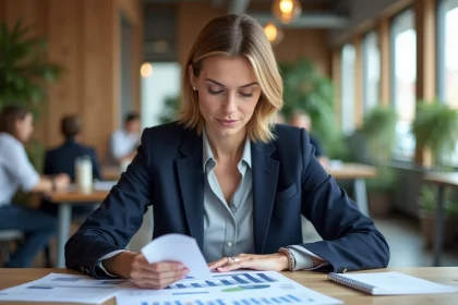 Conseillère en accompagnement entrepreneurial analysant des données du baromètre de création d'entreprise dans un espace de coworking moderne