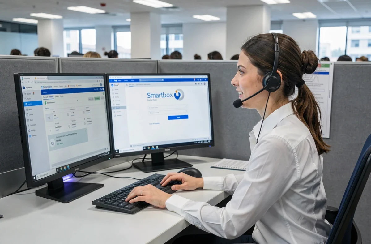 Conseillère du service client Smartbox aidant un utilisateur à résoudre un problème de connexion à son compte partenaire depuis un bureau de centre d'appels