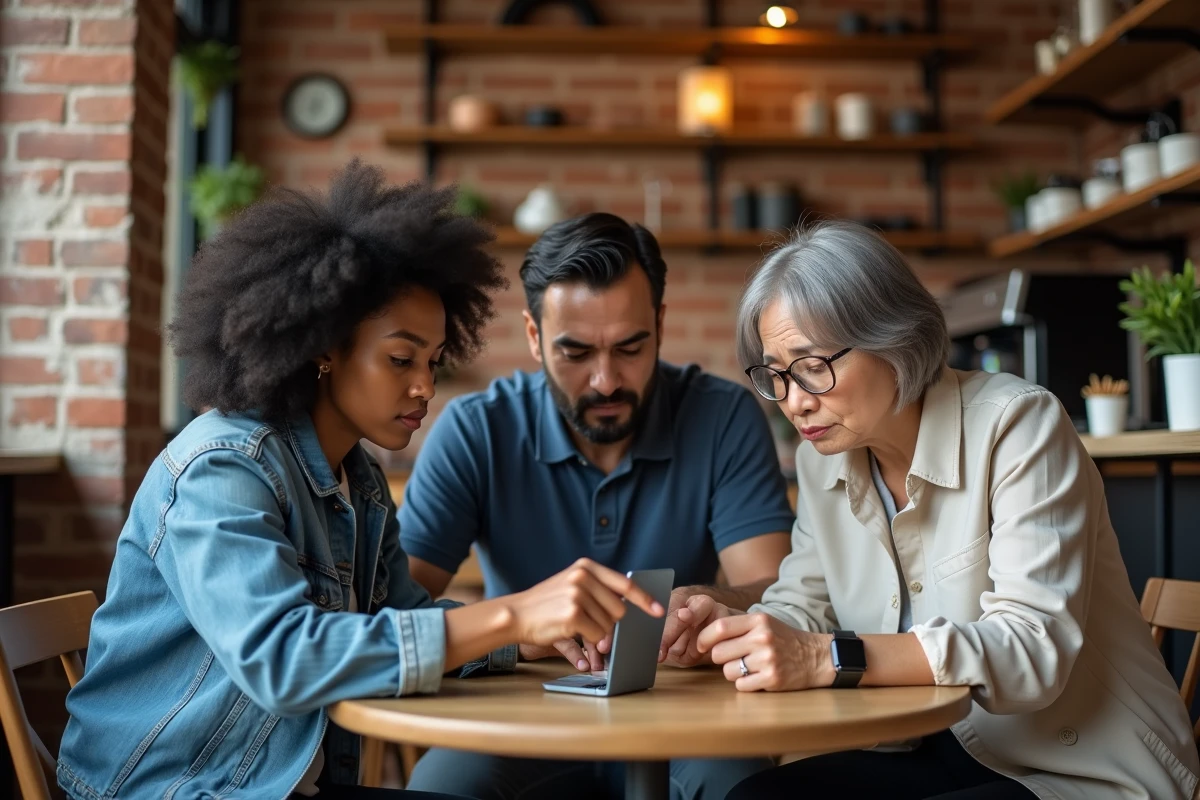 Groupe de consommateurs diversifiés examinant un produit avec scepticisme dans un café, représentant l'impact négatif des erreurs de positionnement marketing sur la confiance des clients