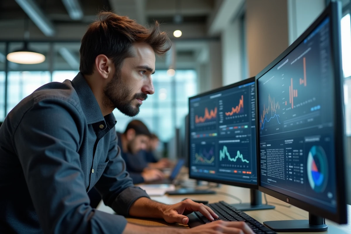 Consultant IT analysant une connexion BI et ERP sur un poste de travail double écran dans un bureau moderne