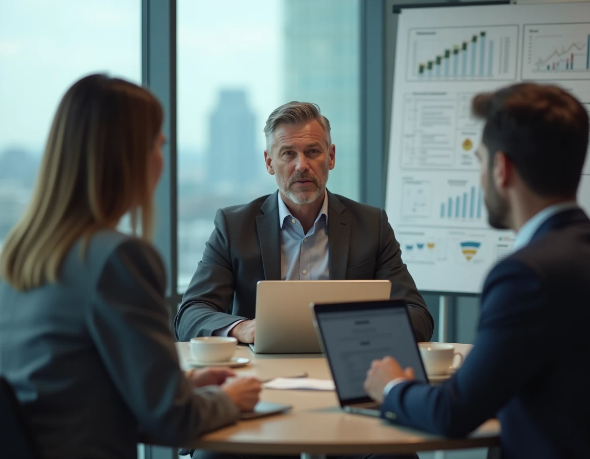 Consultant en réunion d'affaires B2B autour d'une table de conférence dans un bureau moderne avec vue sur la ville