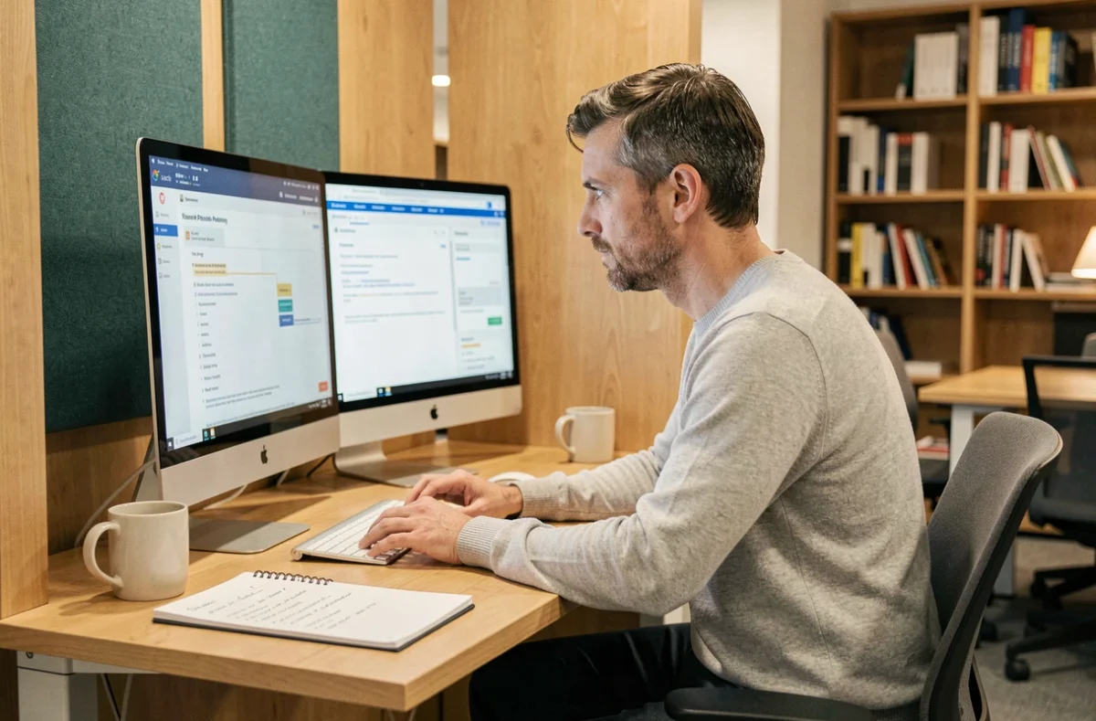 Consultant RH desk travaillant seul dans un espace de co-working sur des processus RH structurés pour accompagner une start-up en hypercroissance