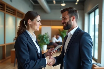 Consultante en blazer marine échangeant une carte de visite lors d'un networking professionnel dans un espace de coworking moderne