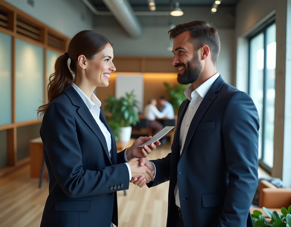 Consultante en blazer marine échangeant une carte de visite lors d'un networking professionnel dans un espace de coworking moderne