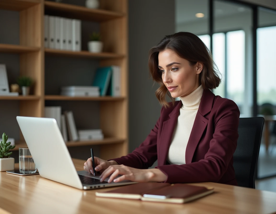 Consultante senior travaillant sur sa stratégie de networking B2B depuis un bureau privé moderne et bien organisé