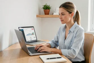 Femme débutante explorant l'espace conseillers AKEO sur un ordinateur portable dans un bureau à domicile