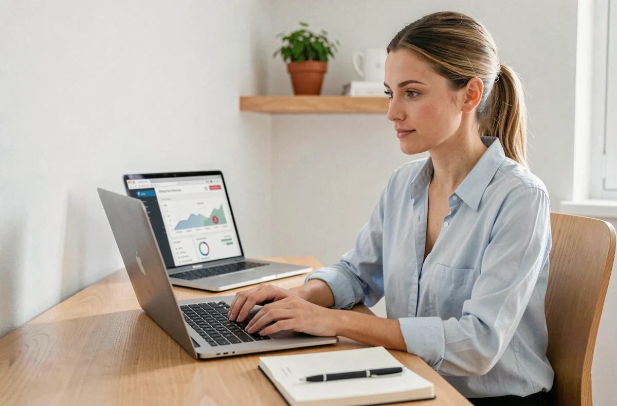 Femme débutante explorant l'espace conseillers AKEO sur un ordinateur portable dans un bureau à domicile