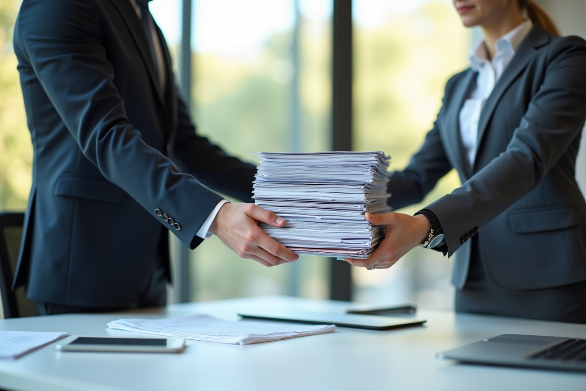 Deux professionnels échangeant des dossiers dans un bureau minimaliste