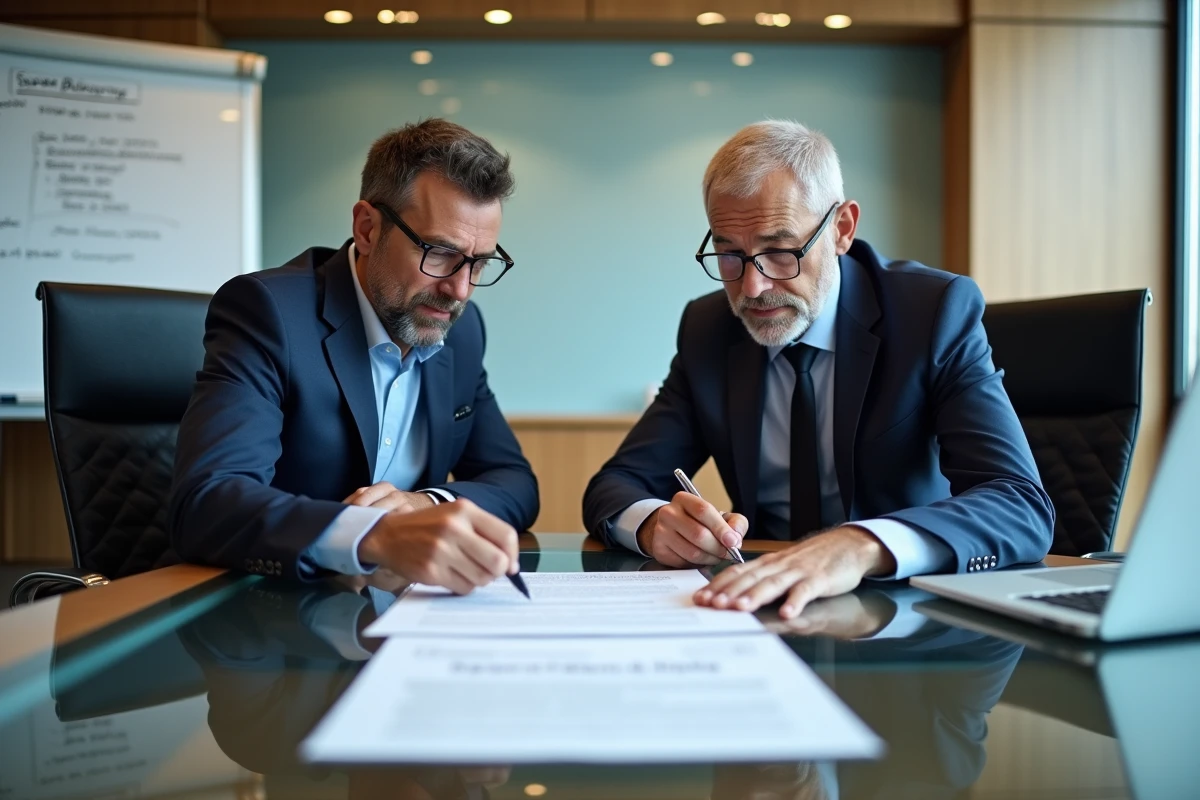 Deux professionnels examinant un document de délégation de signature en salle de réunion