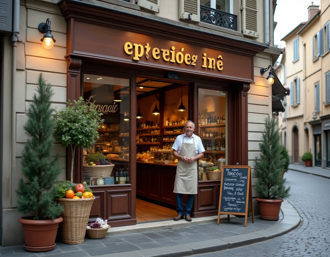 Devanture d'une franchise épicerie fine en France avec franchisé devant sa boutique sur une rue pavée