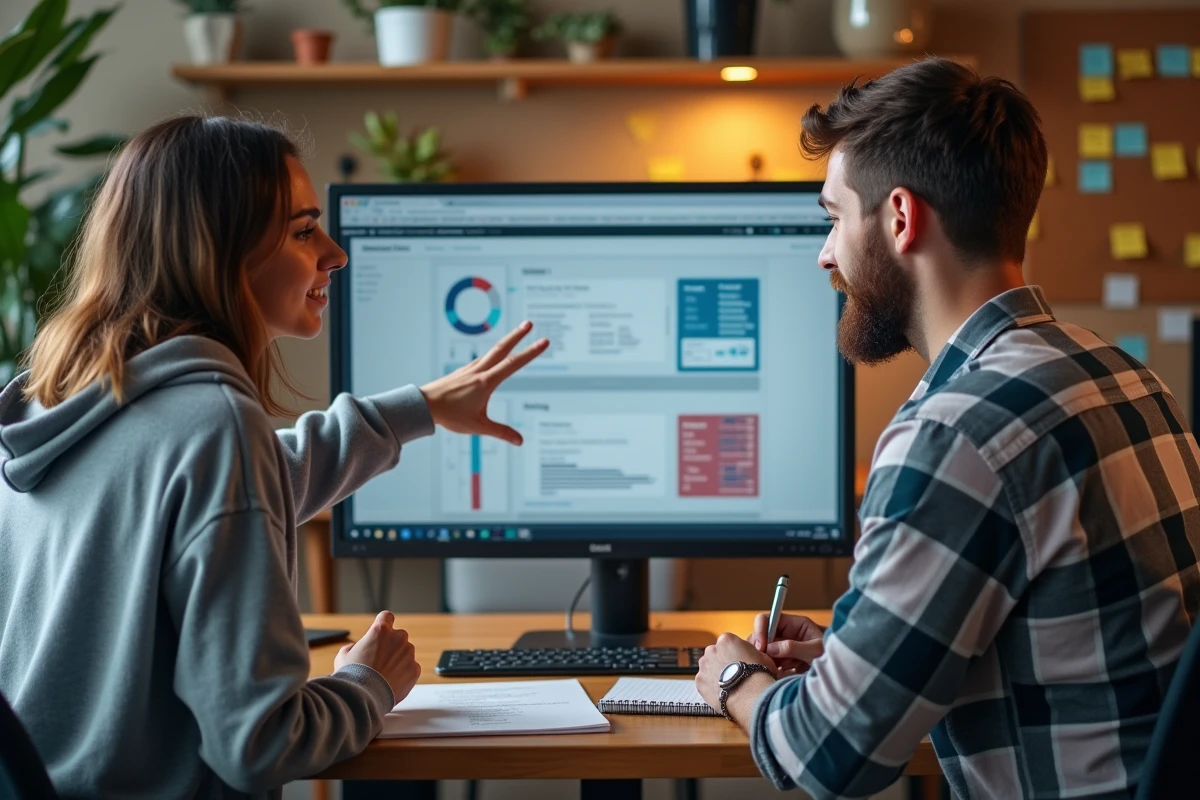 Deux développeurs collaborant sur la connexion API entre un outil BI et un ERP dans un espace de travail agile