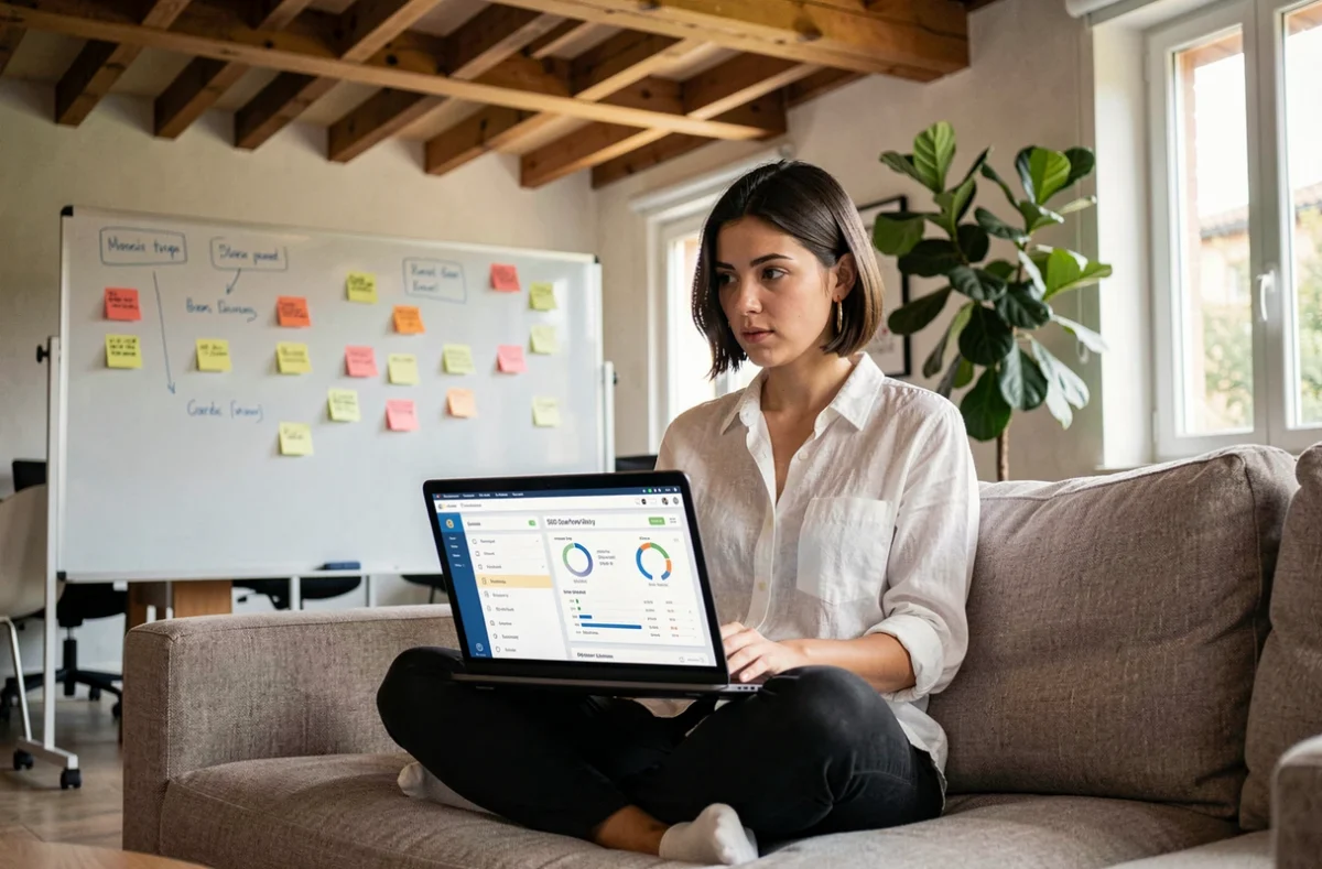 Consultante de l'agence Digidop analysant des données SEO sur un ordinateur portable