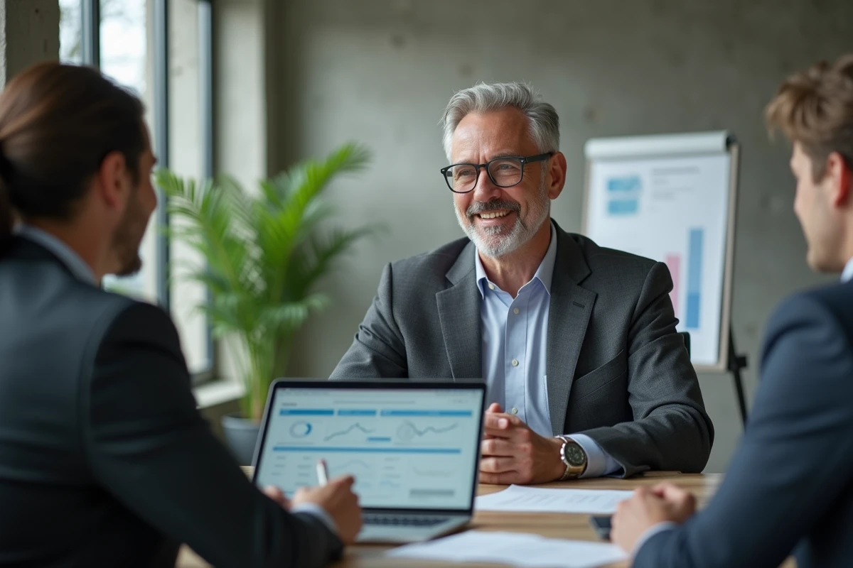 Directeur commercial de Nitrofer en entretien avec des clients dans un bureau moderne lors d'une consultation sur l'offre de produits