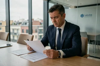Cadre dirigeant analysant des directives européennes sur le tabac dans un bureau moderne à Barcelone