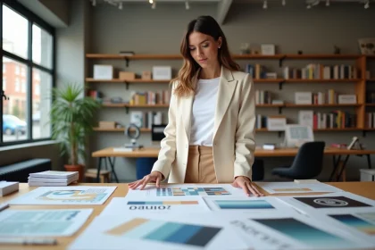 Directrice artistique d'un studio de communication engagé analysant des maquettes de marque sur une table de création