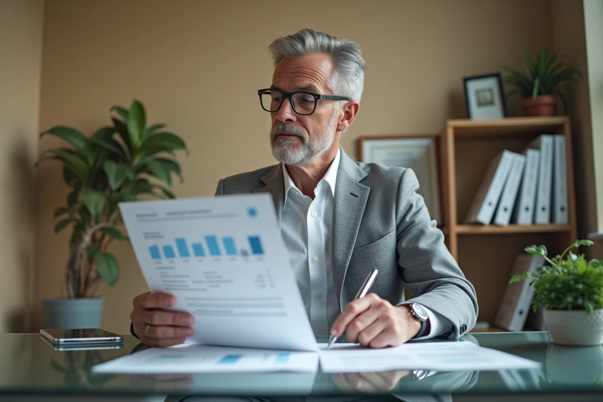 Dirigeant d'entreprise étudiant un rapport d'investissement RSE d'une compagnie d'assurance dans un bureau privé