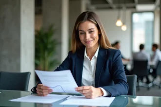 Dirigeante d'entreprise analysant des documents de partenariat B2B dans un bureau moderne