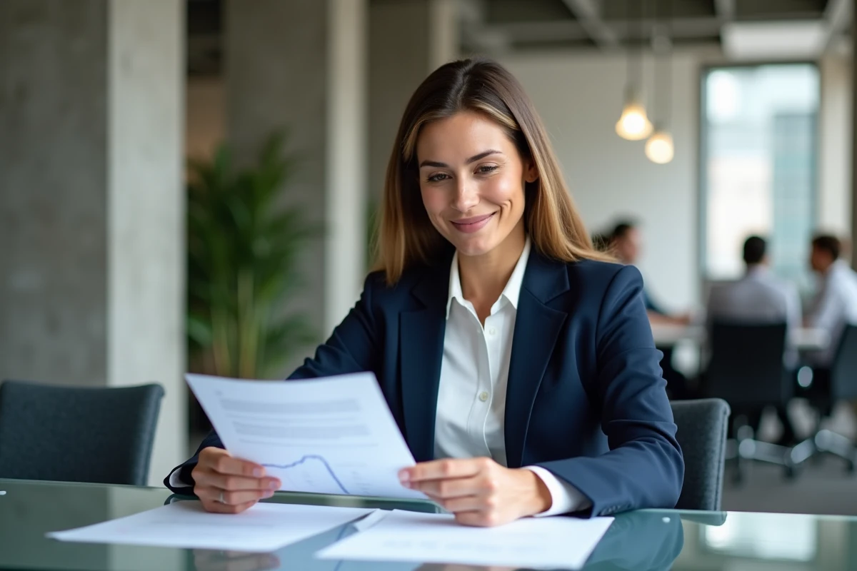 Dirigeante d'entreprise analysant des documents de partenariat B2B dans un bureau moderne