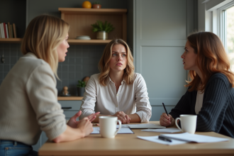 Trois adultes discutent autour d'une table de cuisine