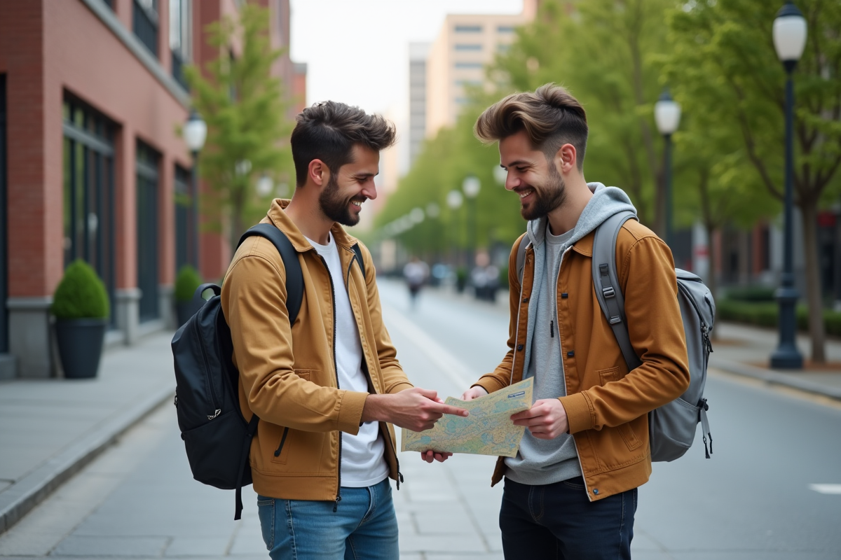 Deux jeunes hommes discutant dans la rue en ville