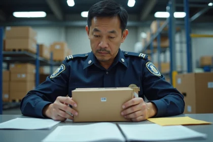 Douanier examinant des marchandises exportées avec marquage CE lors d'un contrôle douanier en entrepôt