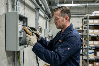 Électricien professionnel inspectant un tableau électrique industriel avec un multimètre lors d'une installation sécurisée