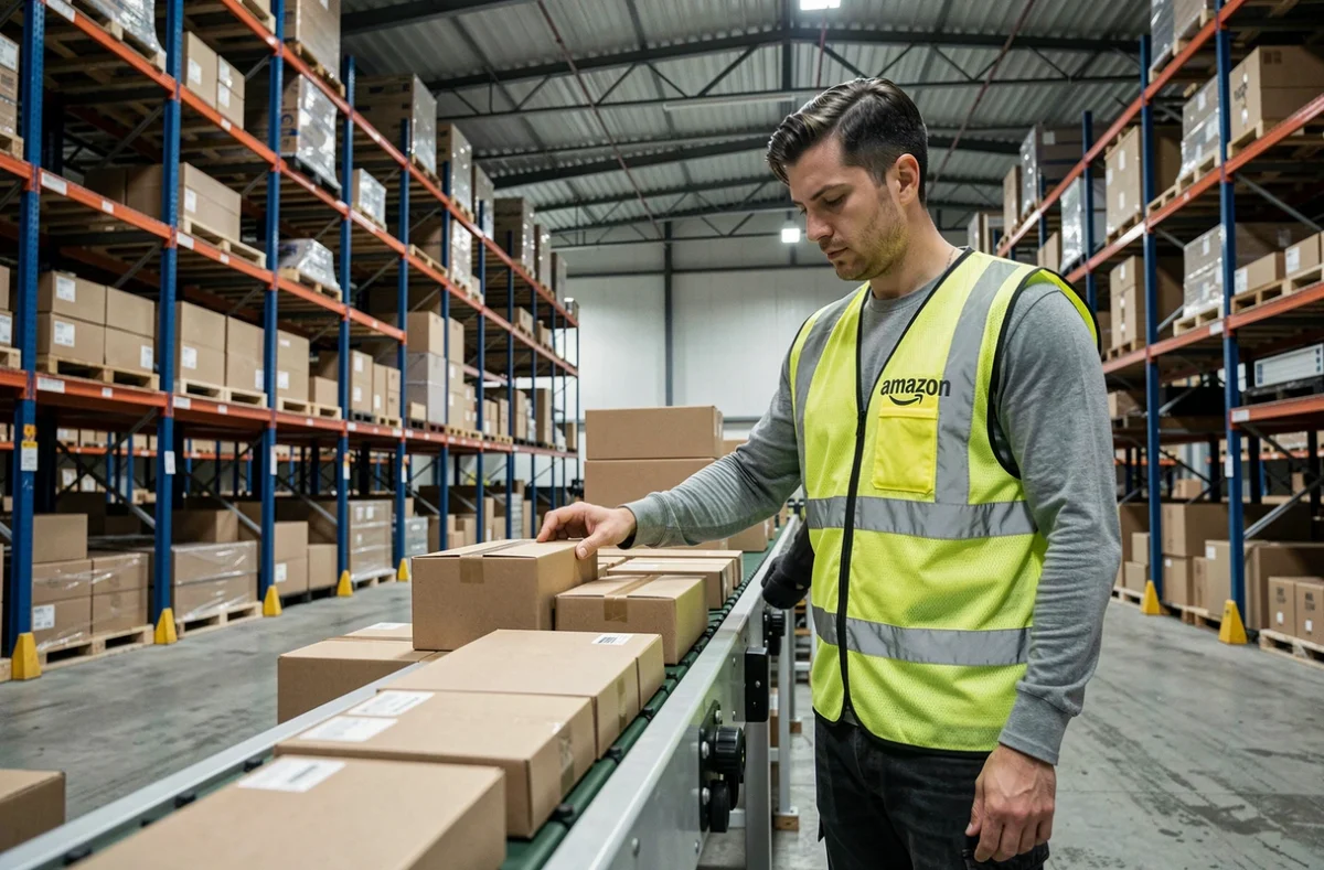 Employé Amazon en entrepôt logistique scannant des colis, illustrant le travail en intérim ou CDD avec maintien des droits Pôle emploi