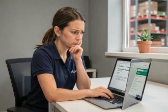 Employée Auchan devant son ordinateur tentant de récupérer son mot de passe oublié sur l'application HR4You