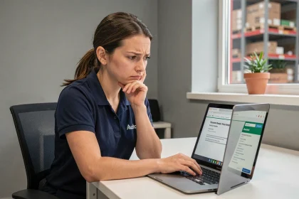 Employée Auchan devant son ordinateur tentant de récupérer son mot de passe oublié sur l'application HR4You