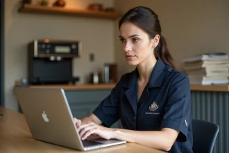 Employée en uniforme de boulangerie connectée à l'intranet sur un ordinateur portable dans une salle de pause
