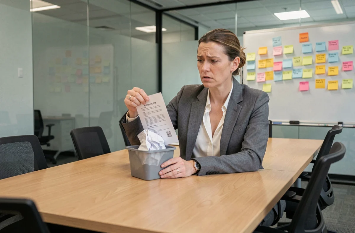 Employée frustrée jetant un formulaire de boîte à idées froissé, illustrant le désengagement face aux initiatives participatives mal gérées en entreprise