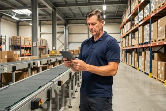 Employé de centre logistique Chronopost consultant une tablette près d'un tapis roulant dans un entrepôt moderne