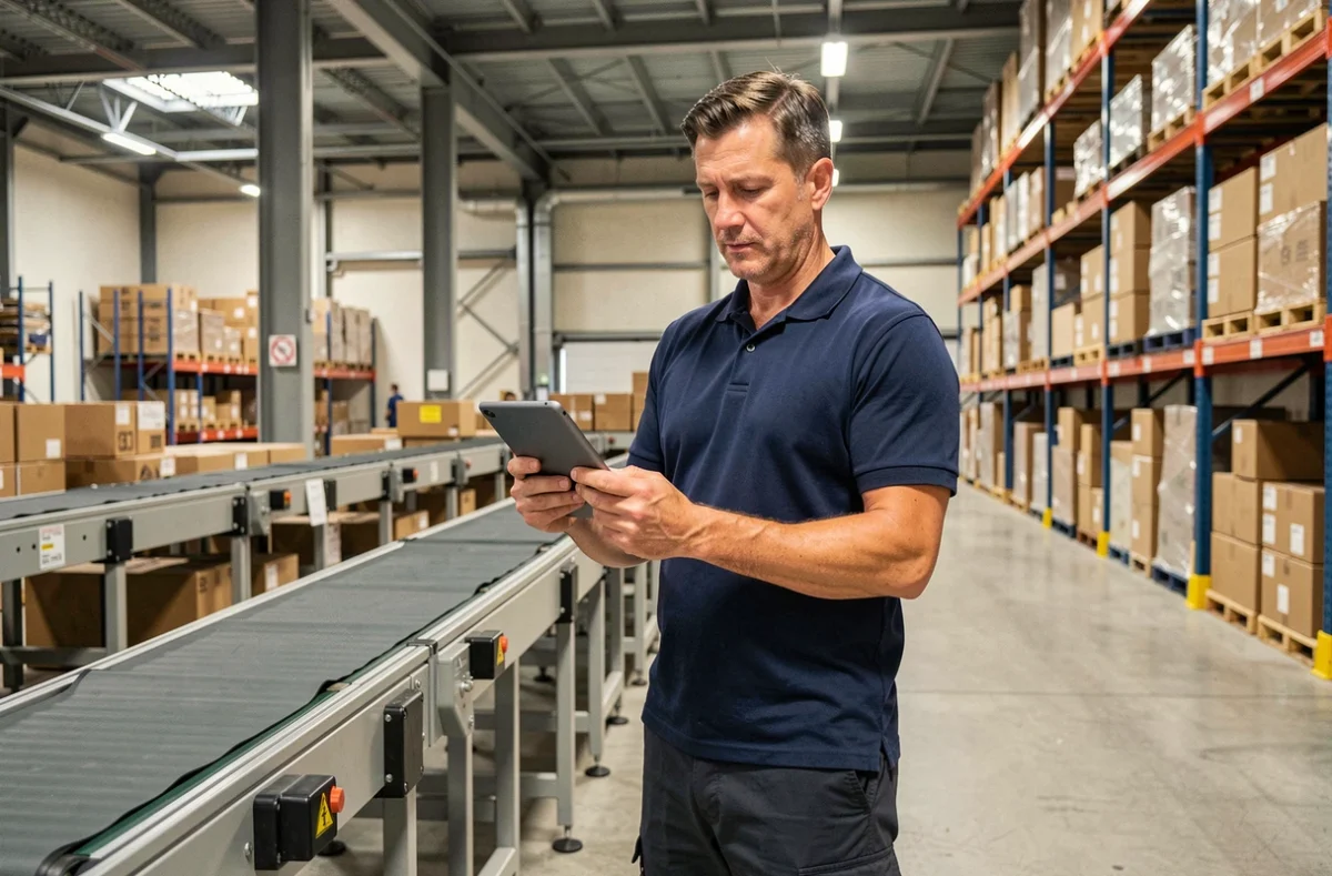 Employé de centre logistique Chronopost consultant une tablette près d'un tapis roulant dans un entrepôt moderne