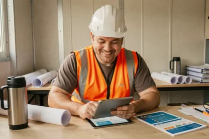 Employé LOXAM consultant les avantages de son CSE sur une tablette dans une cabane de chantier