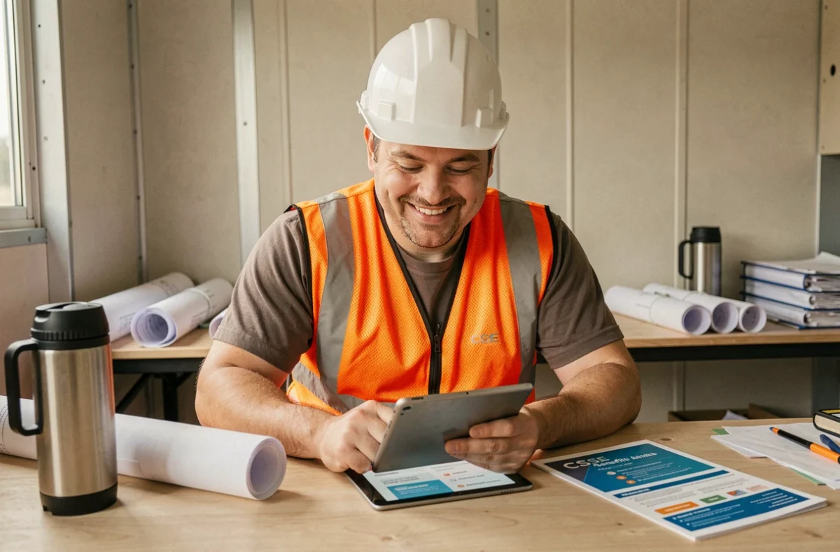 Employé LOXAM consultant les avantages de son CSE sur une tablette dans une cabane de chantier