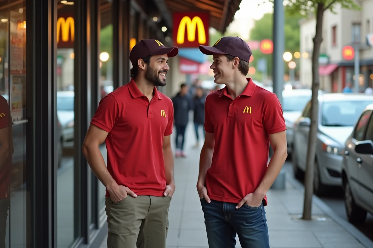 Deux jeunes employés McDo en pause devant un restaurant, représentant les conditions de travail et le salaire étudiant en restauration rapide