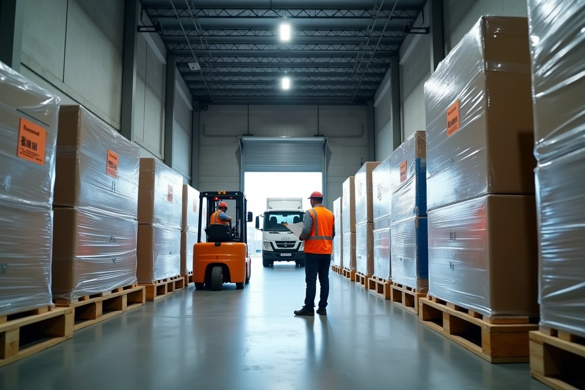 Entrepôt de fret international avec palettes de marchandises étiquetées CE prêtes pour l'exportation vers la Chine