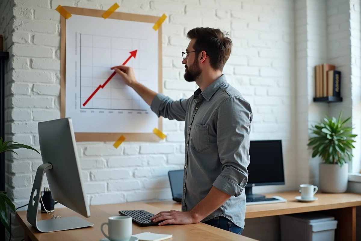 Entrepreneur analysant un graphique de croissance pour sa deuxième année d'activité avec les aides 2026