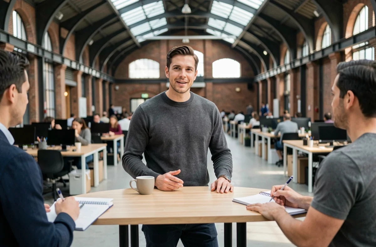 Entrepreneur présentant son projet à des contacts professionnels dans le hall monumental de Station F lors d'un événement de networking