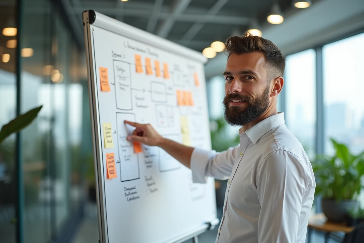 Entrepreneur masculin expliquant un schéma de feuille de route MVP sur un tableau blanc dans un bureau moderne de startup